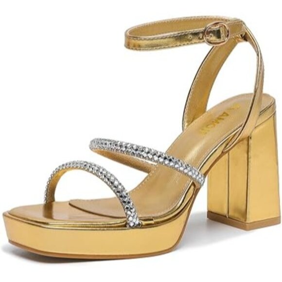 Gold Rhinestone Chunky Heeled Sandals Block Platform Buckle Closure Size 37.5 (7 - Picture 1 of 11